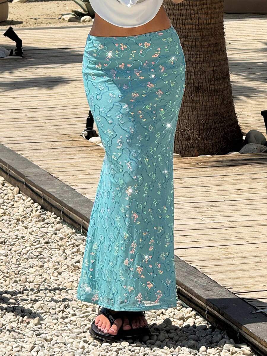 MainGRL 女装休闲优雅度假沙滩海边亮片刺绣风蓝色亮片装饰鱼尾下摆美人鱼裙 - 藍色 - 查看 1
