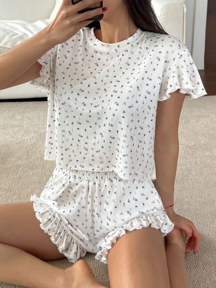 2pcs Women's Ditsy Floral Ruffle Trim Pajama Set - Top And Shorts