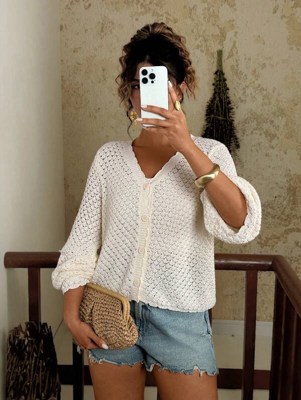 Travachic Plus Size Fashion Versatile Solid Color Hollow Out Flared Sleeve Cardigan