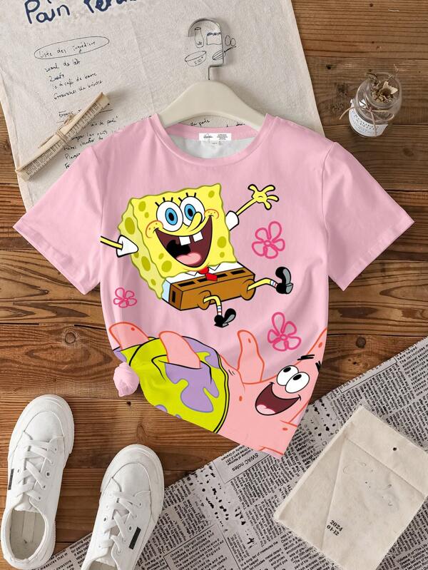 SpongeBob SquarePants X SHEIN Camiseta de manga corta holgada de cuello redondo informal y cómoda con gráfico de dibujos animados divertidos y lindos para niña preadolescente, de verano