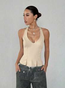 Women's Solid Color Halter Neck Sexy Backless Crop Top - Apricot - View 3