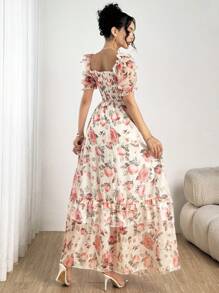 Modelyn 女式法式方领数码印花透视短袖连衣裙