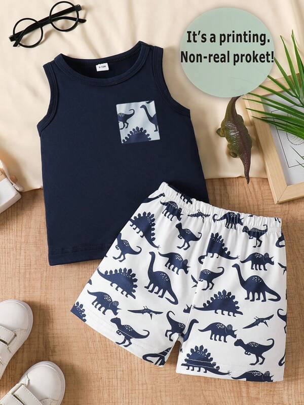 SHEIN Baby Boy Fashion Minimalist Dinosaur Print Faux Pocket Design Tank Top And Dinosaur Print Shorts Set, Summer Boys Outfit Sets Summer Summer Sets For Boys Boys Outfit Sets Baby Boys Outfit Sets Boy Summer Clothes Baby Boys Sets