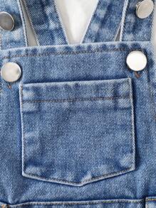 Peto vaquero ajustable con hebilla, bordado de moño, para niñas bebés, diseño casual de primavera/verano, apropiado para uso diario - Azul lavado medio - Ver 6