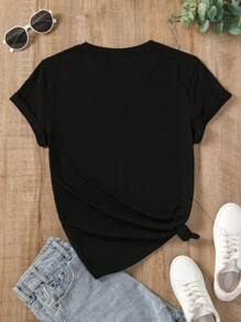 SHEIN Plus Size Floral Print Casual Fashionable T-Shirt, Suitable For Summer - Black - View 2