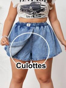SHEIN CURVE+ Plus Size Denim Culottes Comfortable Elastic Waist Summer Casual Short Skirt Mini Shorts Daily Casual Wear