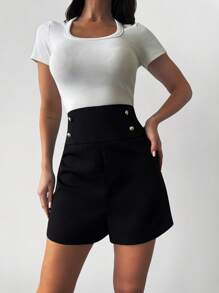 Firerie Women's Elegant Commuter & Casual Black Super High Waisted Shorts, Beach Outfits, Airport Fashion, Pants - Black - View 6