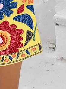 Set de 2 piezas con top de tirantes de talla grande para mujer, con estampado floral retro. Diseño floral cómodo apto para el tiempo libre y las vacaciones, primavera/verano - Amarillo - Ver 3