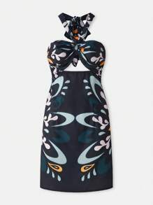 Maija Robe moulante mini à col ras-du-cou dos nu imprimée bleu et noir, taille fine, d'été, convenant pour les vacances, les festivals, la plage, amincissante - Multicolore - Voir 8