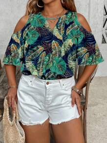 Travachic Blusa holgada con hombros descubiertos, estampado tropical de plantas y cuello con abertura, talla grande, para vacaciones de verano