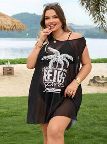 SHEIN CURVE+ 大码女式长款宽松椰子树印花网眼度假休闲罩衫 - 黑色 - 查看 6