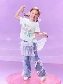 Pop Mart Azura X SHEIN Young Girl Cartoon & Bow Print Fantasy White Casual Sweet Cute Short Sleeve T-Shirt