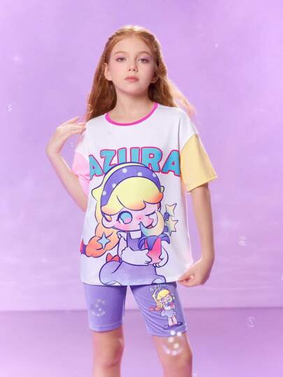 Pop Mart Azura X SHEIN Tween Girl Cartoon Pattern Contrast Color Dream Cute Casual Short Sleeve T-Shirt And Fitted Shorts Set