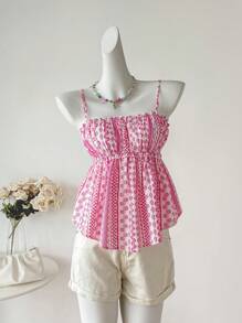INAWLY Women's Holiday Floral Print Frill Trim Camisole Top - Multicolor - View 3