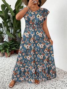 SHEIN LUNE Plus Size Women V-Neck Allover Print Simple Long Casual Dress Bohemian Summer Boho Old Money Summer Outfits For Women Spring Break Rave Outfits Festival Spring Break Outfits Look São João São João São João 2025 Midsummer Day Outfit Graduation Dress Wedding Guest Dress Women Vacation Outfits Woman Beach Outfits For Woman Festival Sundress Birthday Dresses For Women Summer Long Dress Long Floral Dress Women Casual Long Dress Short Sleeve Maxi Dress Women Vacation Dress,Maxi Dress