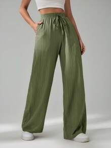 SHEIN Tall Women's Casual Solid Color Straight Leg Pants - Green - View 4