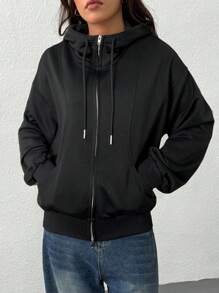 SHEIN EZwear 女士休闲黑色前拉链长袖连帽卫衣，带口袋，适合毕业季、返校季、毕业典礼、教师装、秋冬季返校季穿着。 - 黑色 - 查看 4