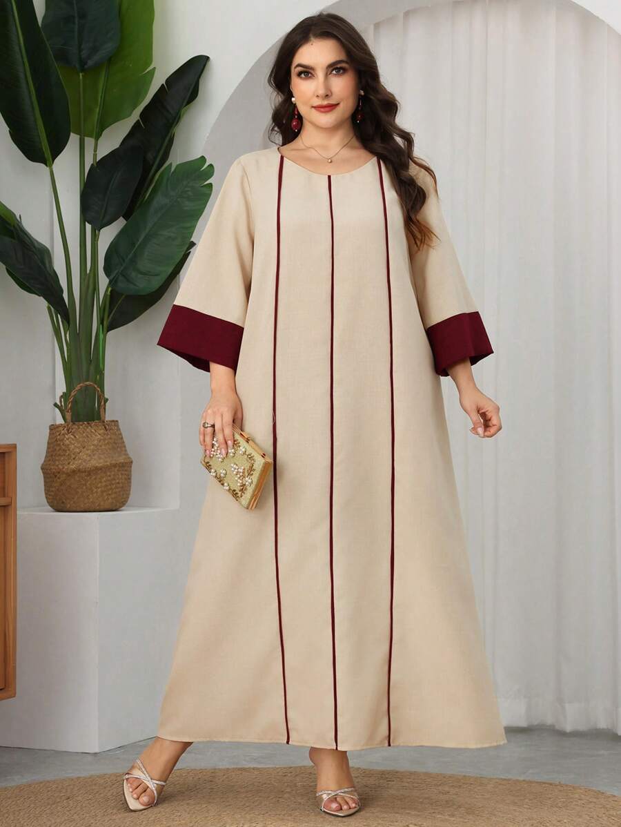 Al Najma 大码女式拼色阿拉伯风格连衣裙 - 米色 - 查看 1