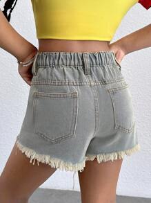 Pantalones cortos vaqueros de cintura alta con dobladillo deshilachado y desgastados para niña preadolescente, estilo retro lavado casual y versátil para primavera y verano, shorts de playa bohemios de vacaciones de verano, shorts casuales de concierto de verano, festival casual rave, shorts para fiesta de graduación de verano para niña preadolescente - Azul lavado medio - Ver 2