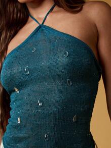 MISSGUIDED Pearl Embellished Halter Knit Top Summer Festival Beach Party Evening Sleeveless Camisole Sparkle Party Club Wear Christmas - Green - View 6