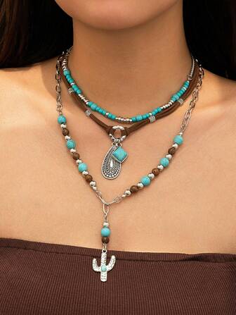 Fairycore 3pcs Bohemian Western Style Turquoise Beaded Necklace Set