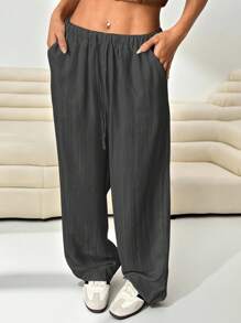 SHEIN EZwear Pantalones holgados de tela de color gris oscuro de talla grande para mujer, de estilo casual de negocios