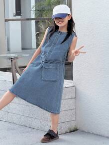 Girls Sleeveless Denim Jumper Dress, Tween Girl Autumn Clothes - Blue - View 3
