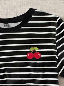 SHEIN EZwear Maglietta casual da donna a maniche corte, stile semplice, con stampa a righe e ciliegie, dalla vestibilità morbida, adatta per l'estate - Multicolore - Visualizzare 3