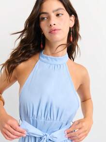 Nöista Light Blue Halter-Neck Maxi Dress With A Fitted Waist And Bow Belt. Flowing A-Line Silhouette. Back Features A Dramatic Ruffled Design And Open Detailing. . Elegant, Feminine, Chic, Airy, Sophisticated, Stylish, Comfortable, Versatile, Perfect For Summer Events And Evenings. - Blue - View 5