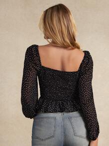 WESTFADE Polka Dot Woven Sweetheart Neck Balloon Long Sleeve Peplum Top Fall, Autumn, Winter, Casual, Cute, Western Wear, Boho, Holiday NYE, Christmas, New Years - Black - View 2