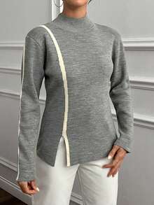 EURMUSE Suéter de punto de cuello alto minimalista para mujer con rayas de contraste - Gris Claro - Ver 3