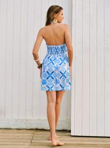 Maija Vestido corto de verano casual de estilo playero, sin mangas con cuello cruzado, de sensación de lino y estampado floral azul, favorecedor y versátil - Azul - Ver 4