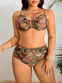 Swim Vcay Conjunto de bikini 2025 de talla grande para mujer con estampado de leopardo, hebilla metálica con forma de U, diseño con volantes y control de abdomen, traje de baño de moda para el mercado europeo y estadounidense de comercio transfronterizo