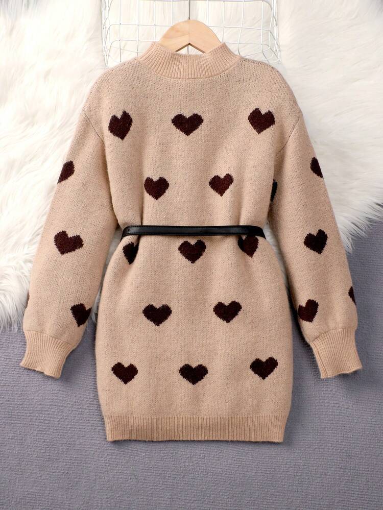 Tween Girl Heart Pattern Mock Neck Lantern Sleeve Sweater Dress Without Belt,In Fall/Winter