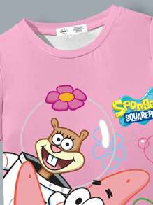 SpongeBob SquarePants | SHEIN Young Girl Round Neck Short Sleeve Pink Comfortable Casual Cute Cartoon Patrick, Sandy, Gary Floral & Letter Pattern Summer Dress