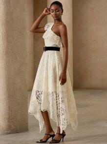 BELROSIE New Summer French Style Oblique Shoulder Ruffle Organza Embroidered Flared Sleeveless Dress - Apricot - View 1