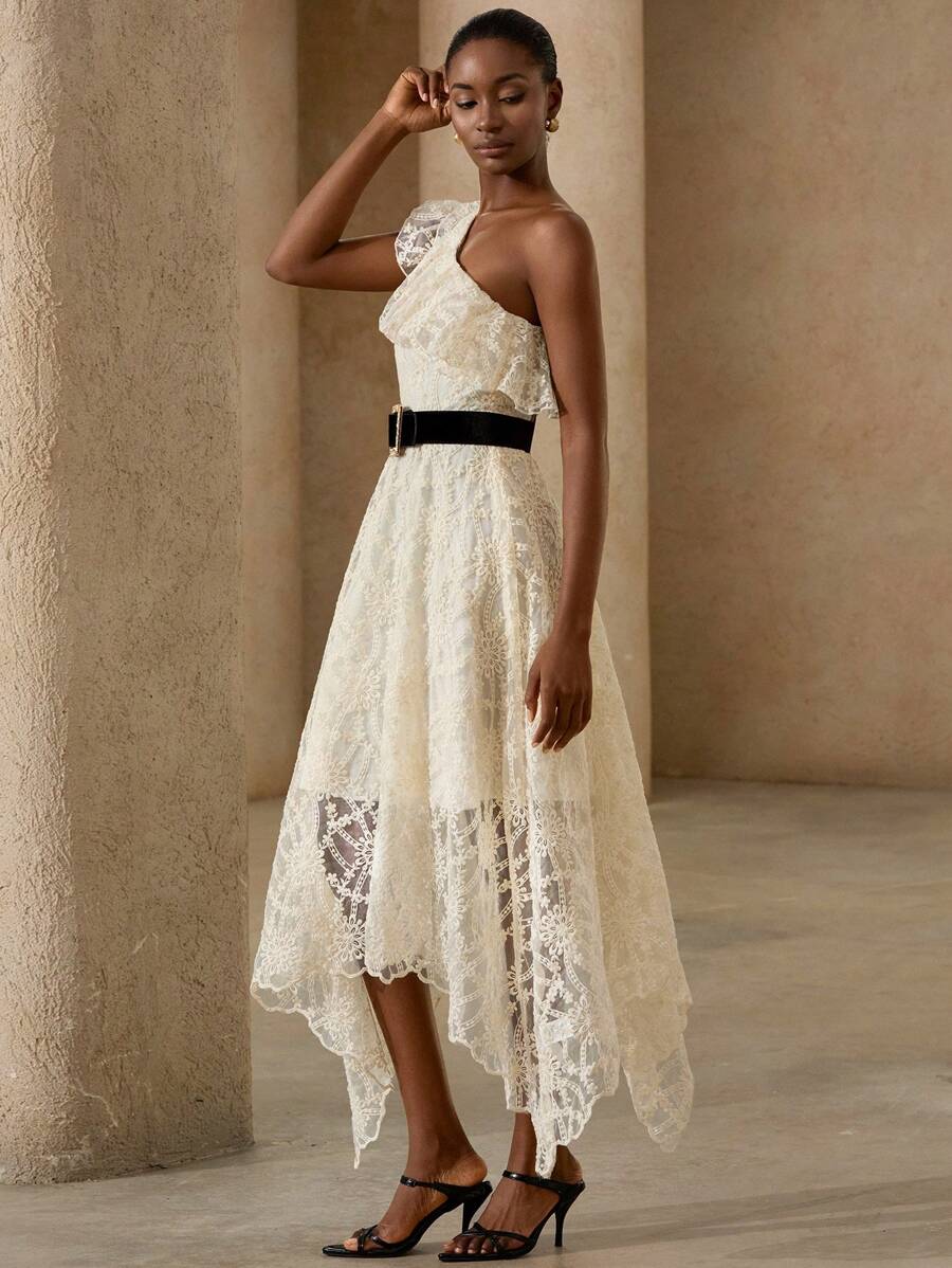 BELROSIE New Summer French Style Oblique Shoulder Ruffle Organza Embroidered Flared Sleeveless Dress - Apricot - View 1