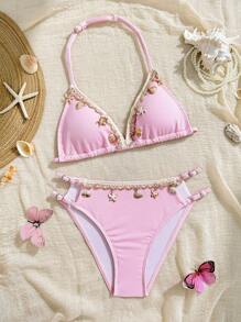 Ensemble de bikini pour préadolescentes, en tissu rose clair spécial, avec décoration de coquillage, design ras-du-cou, élégant et gracieux, idéal pour les vacances