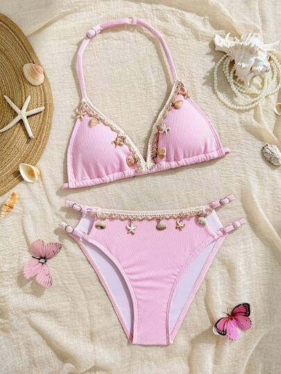 SHEIN Bikiniset för tweenflickor, ljusrosa specialtyg, skaldekoration, halterneckdesign, elegant och graciös, perfekt för semester