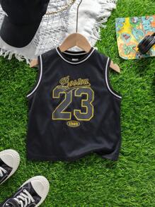 Parte superior holgada de punto sin mangas con estampado gráfico de letra para niños, apta para la escuela, el jardín, la playa, el cumpleaños, primavera, verano, otoño e invierno