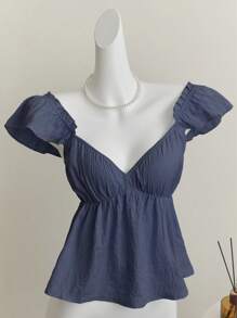 Elamini 蓝色甜美女仆风格荷叶边性感低背细肩带短款上衣