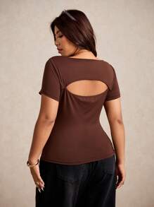 Elaquor Áo thun nữ cỡ lớn, màu cà phê, dễ phối đồ, khóa kim loại đa năng, mùa hè - Cà phê nâu - Xem 5