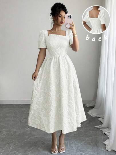 Elenzga 全新女式纹理花卉梭织面料纯色短袖不对称露背优雅修身连衣裙，适合工作、休闲、修身、百搭中长款