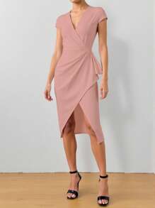 SHEIN Clasi Vestido elegante de largo medio con cuello en V, pliegues y dobladillo envolvente para mujeres - Rosa - Ver 5