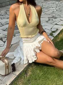 SHEIN SunnyBelle 纹理面料露背深V拼接荷叶边吊带背心 - 黃色 - 查看 5