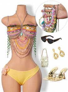 BamGleam 夏季性感假期手工串珠水晶镂空露背吊带背心