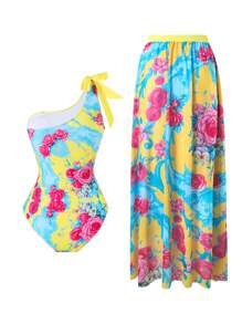 SHEIN Swim Bikini de una pieza con estampado floral y falda maxi a juego para playa y vacaciones