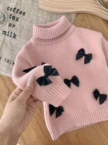 SHEIN Babygirl 可爱百搭休闲粉色蝴蝶结长袖毛衣，秋冬 - 彩色 - 查看 3