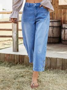 EMERY ROSE Women's Loose Fit Straight Leg Casual Jeans With Pockets - Blue - View 1