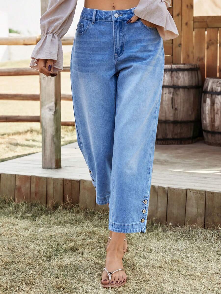 EMERY ROSE Women's Loose Fit Straight Leg Casual Jeans With Pockets - Blue - View 1